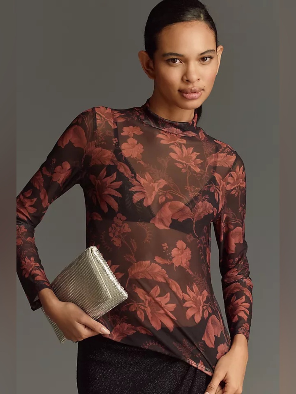 By Anthropologie Mesh Turtleneck Top Floral Bohemian Party Layering Large Boho